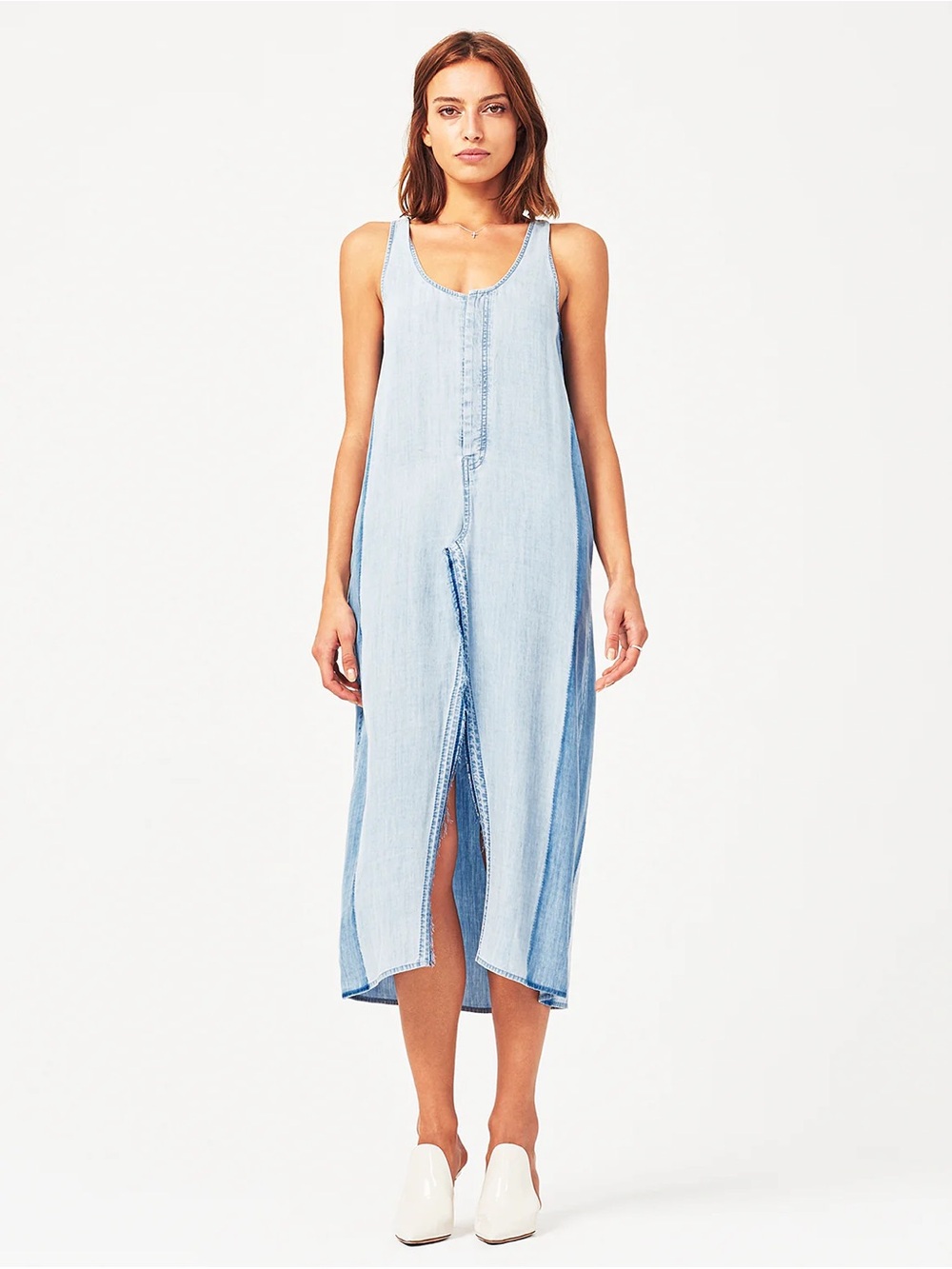 Denim Sleeveless Midi Dress DL1961 Clermont Light Wash Chambray Blue Slit Front
